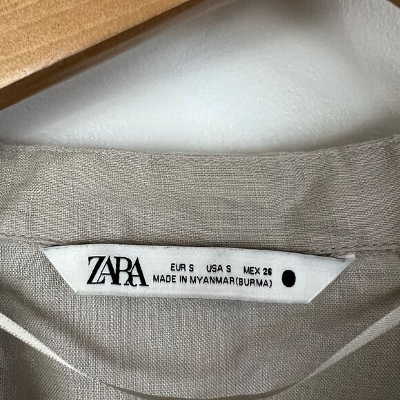 Zara Women's Small Beige Grey Linen Blend Long Sleeve Button Down Shirt Peasant - Picture 7 of 11